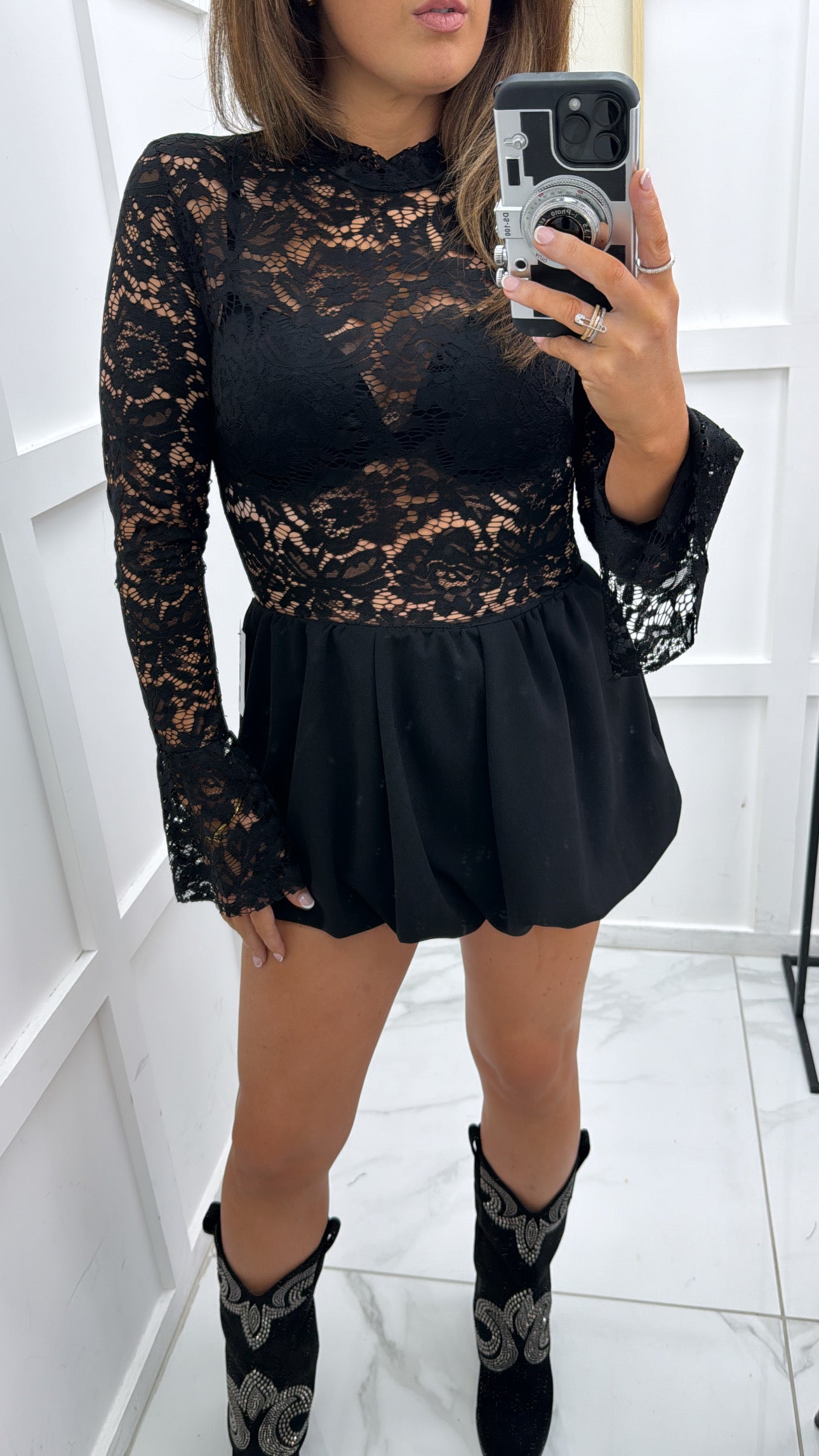 PAIGE black lace bubble hem dress