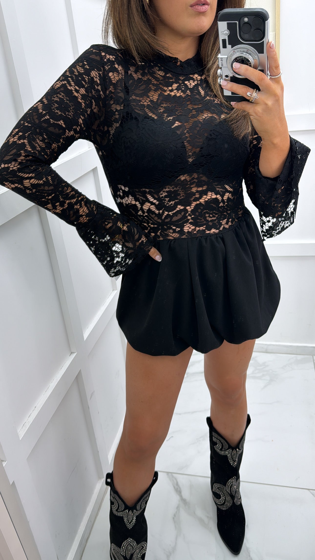 PAIGE black lace bubble hem dress