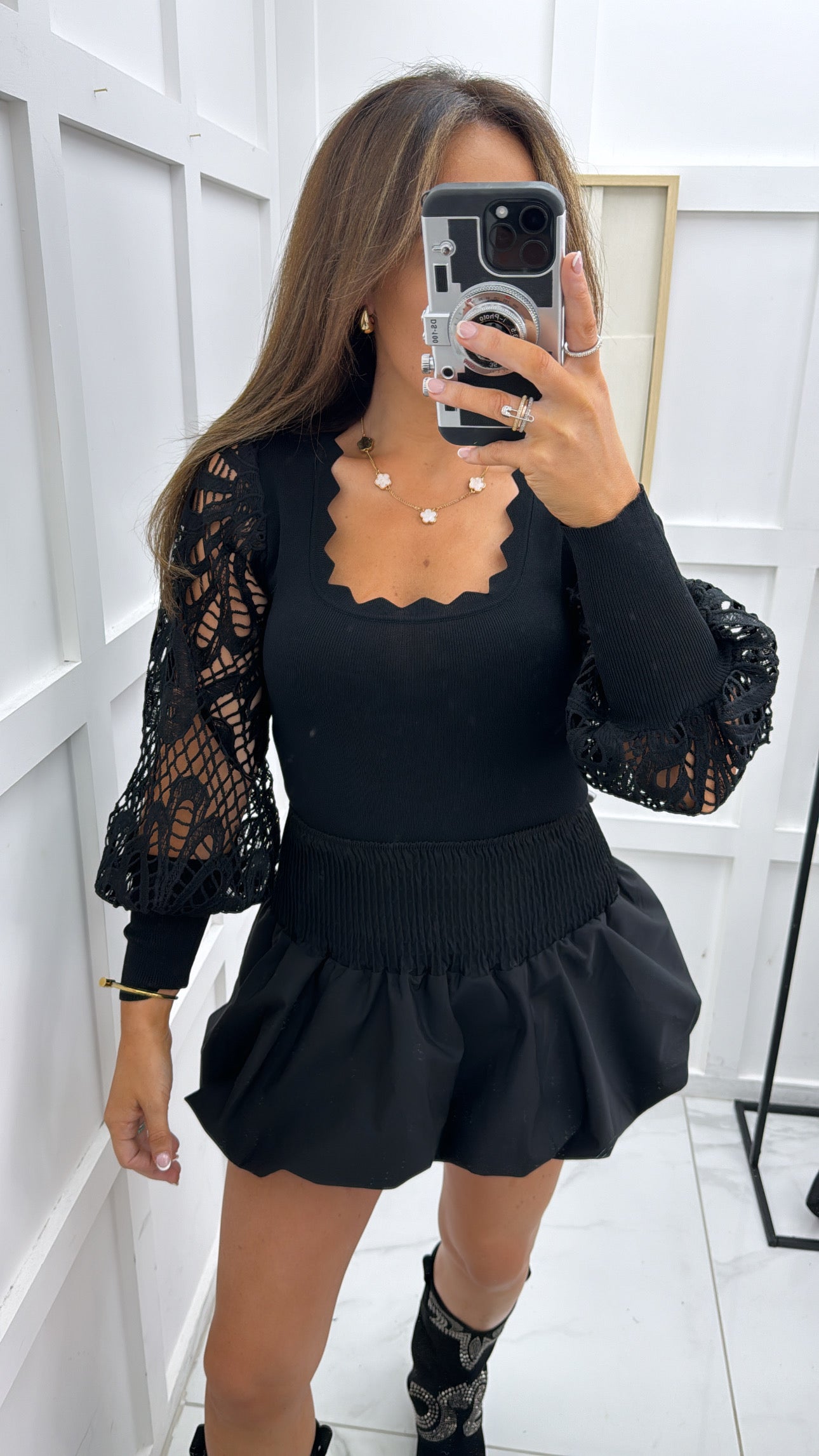 HALLIE black fine knit top with crochet sleeves