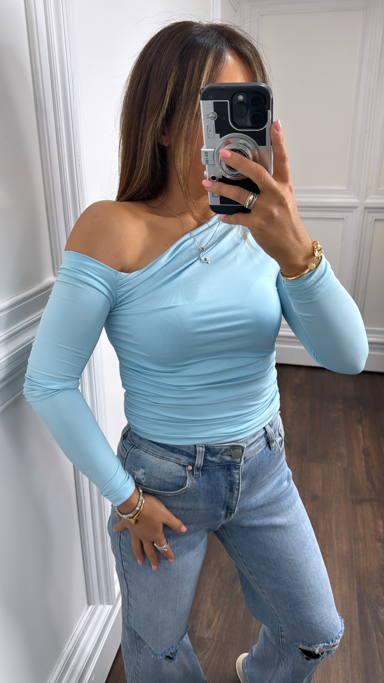 LAYLA pale blue one shoulder slinky top