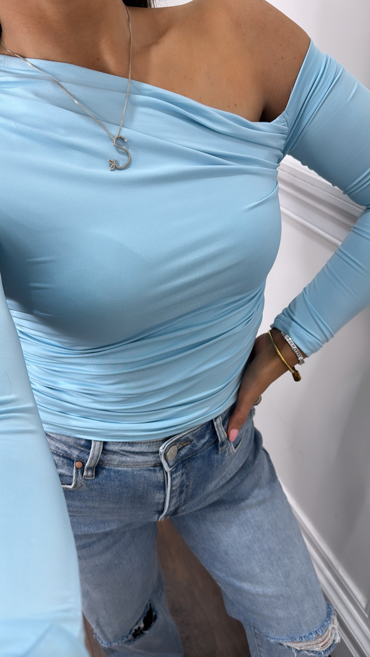 LAYLA pale blue one shoulder slinky top