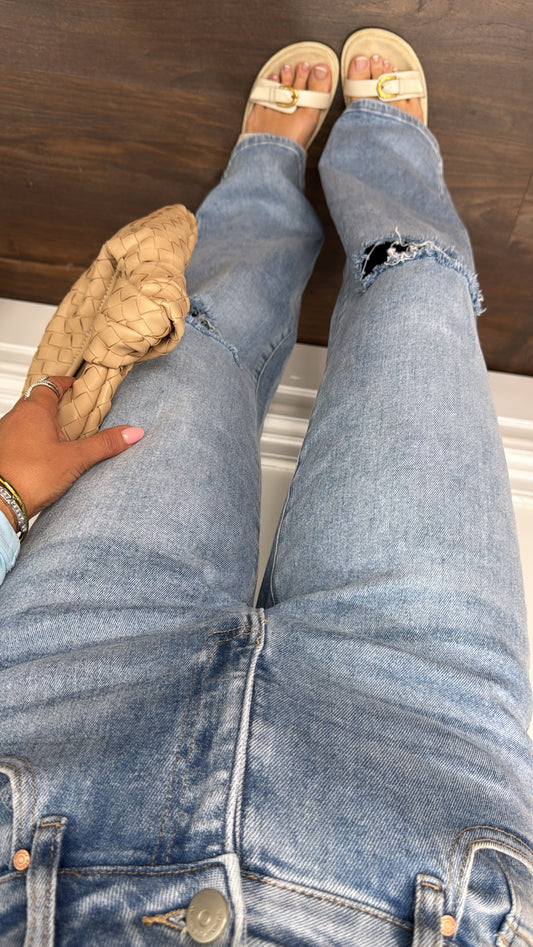 LEONIE blue rip knee wide leg jeans