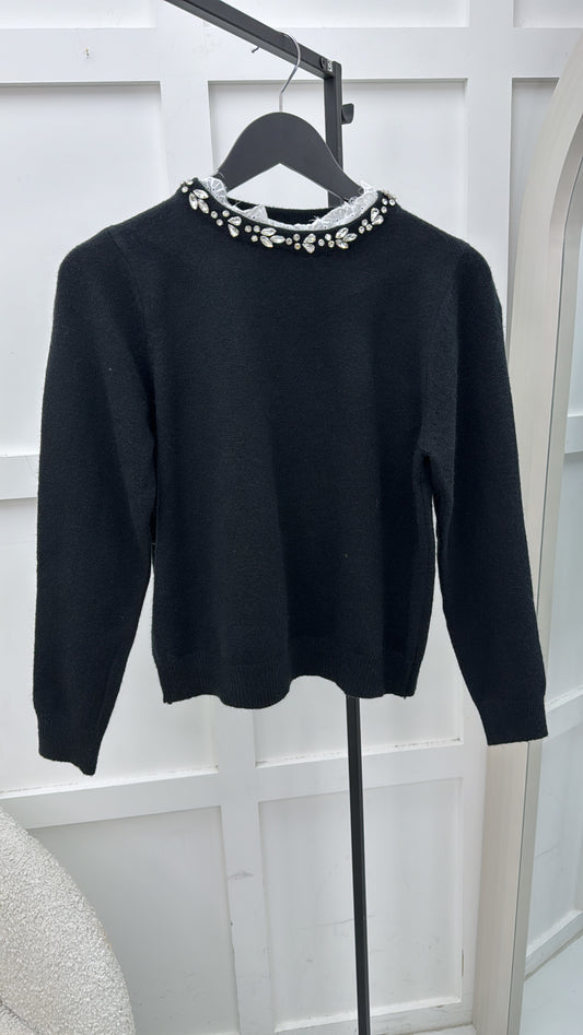 AMAYA black soft knit jumper with jewel embellishment