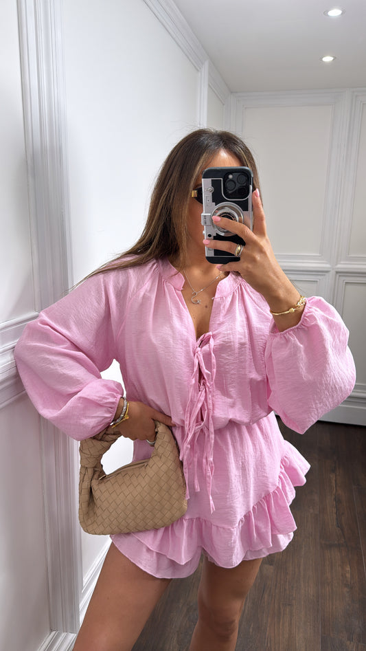 LORETTA pink tie front playsuit