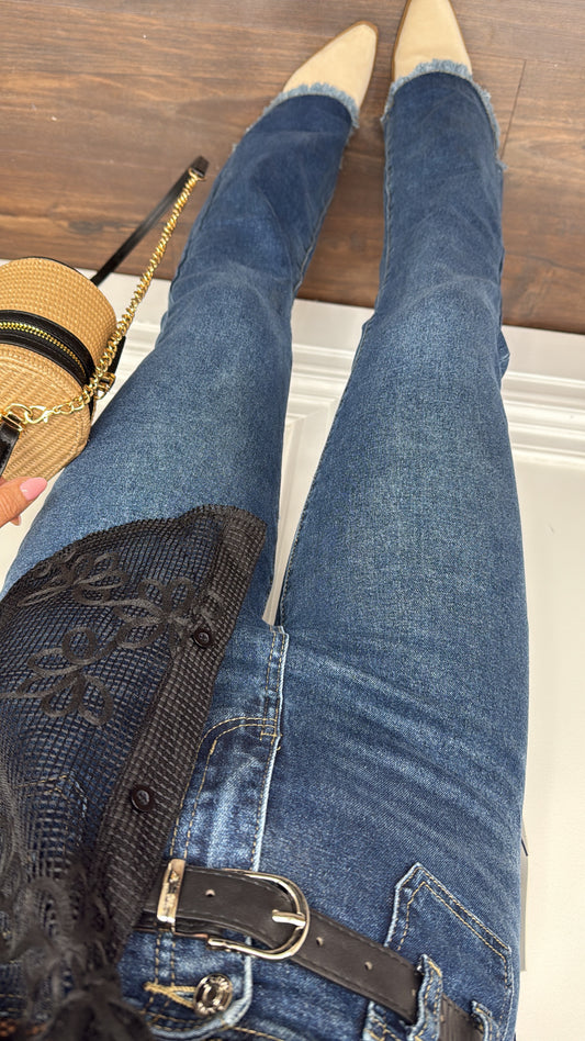 IMOGEN dark blue raw hem flare jeans