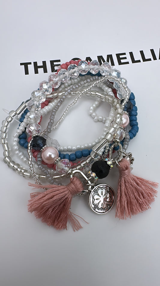 GEMMA pink white and blue beaded bracelet stack