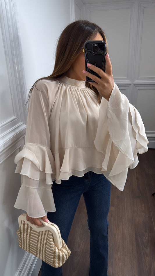 SIAN nude sheer ruffle blouse