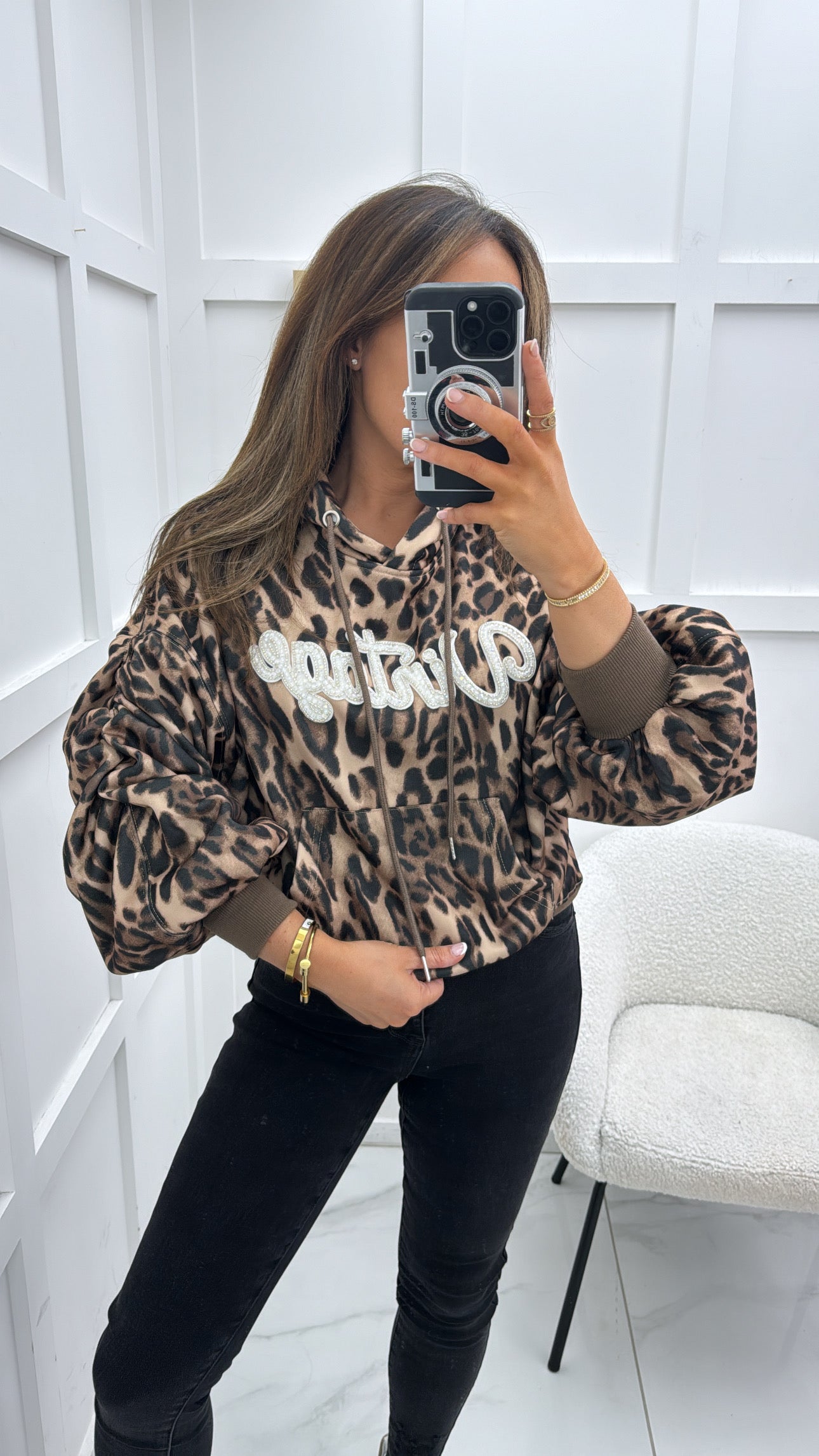 VINTAGE embellished leopard ruched arm hoody