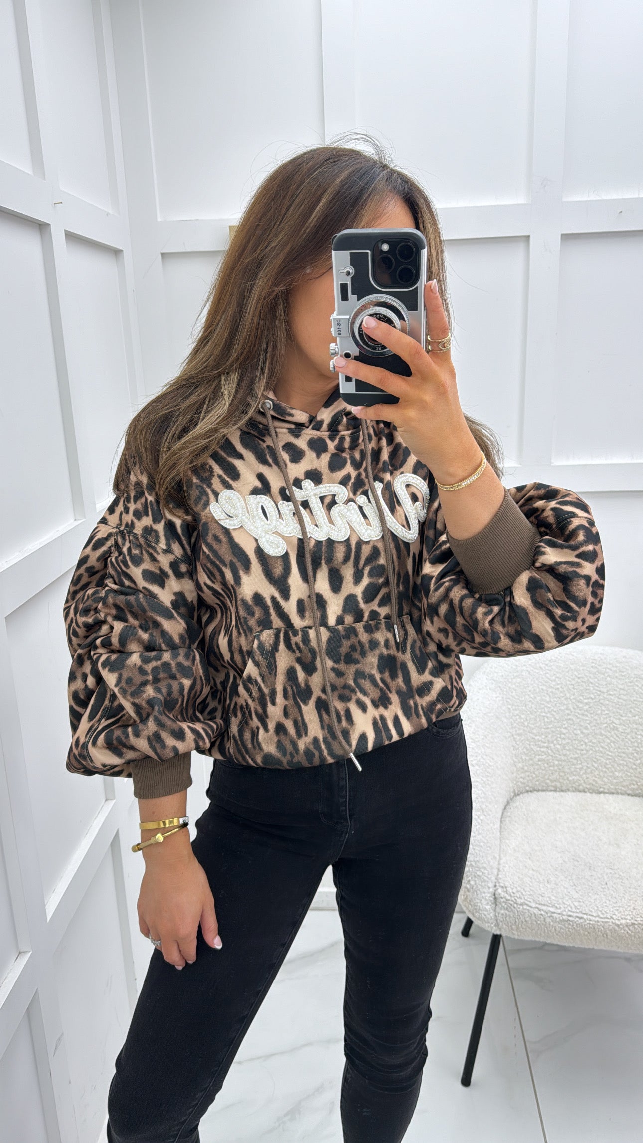 VINTAGE embellished leopard ruched arm hoody