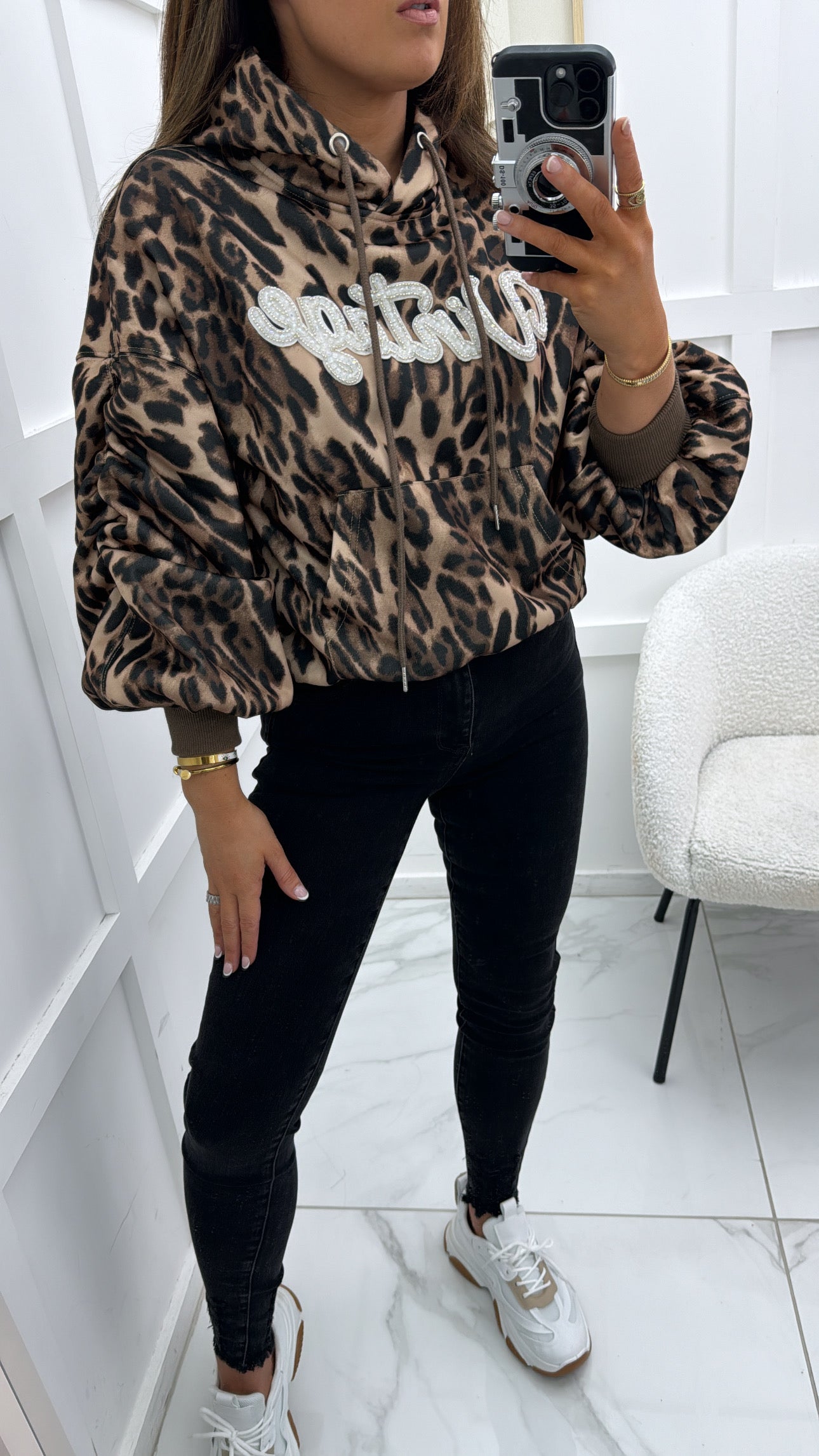 VINTAGE embellished leopard ruched arm hoody