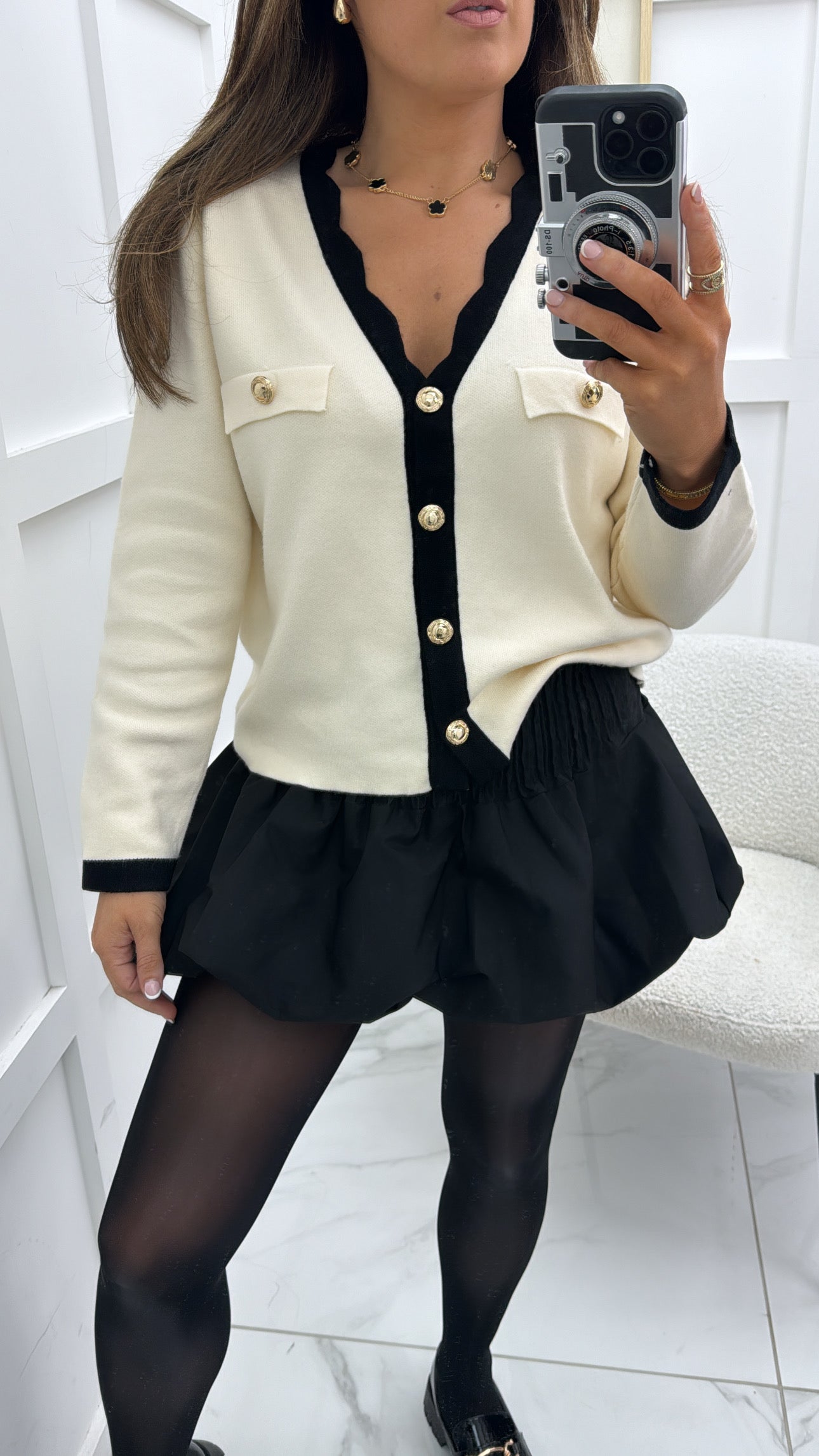 MYA cream contrast gold button cardigan