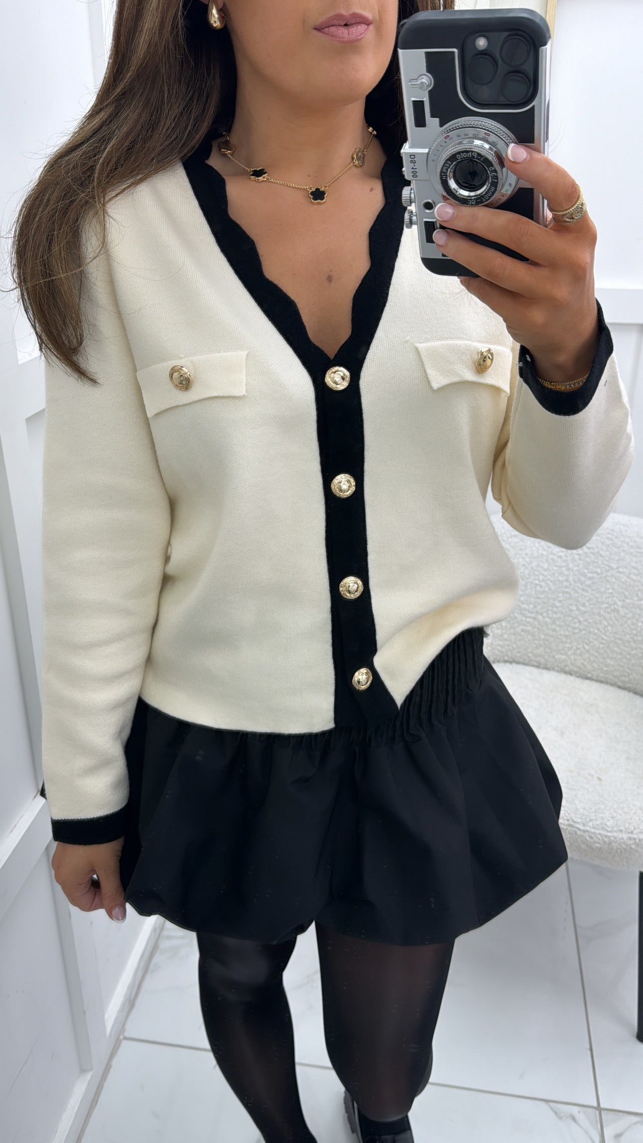 MYA cream contrast gold button cardigan