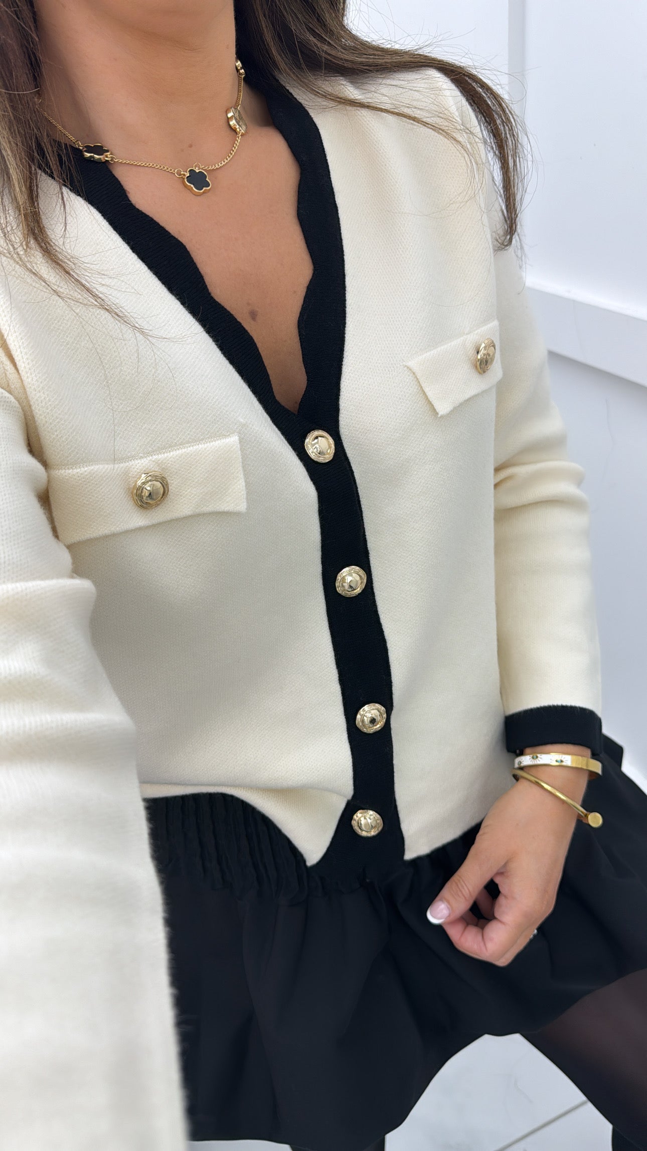 MYA cream contrast gold button cardigan