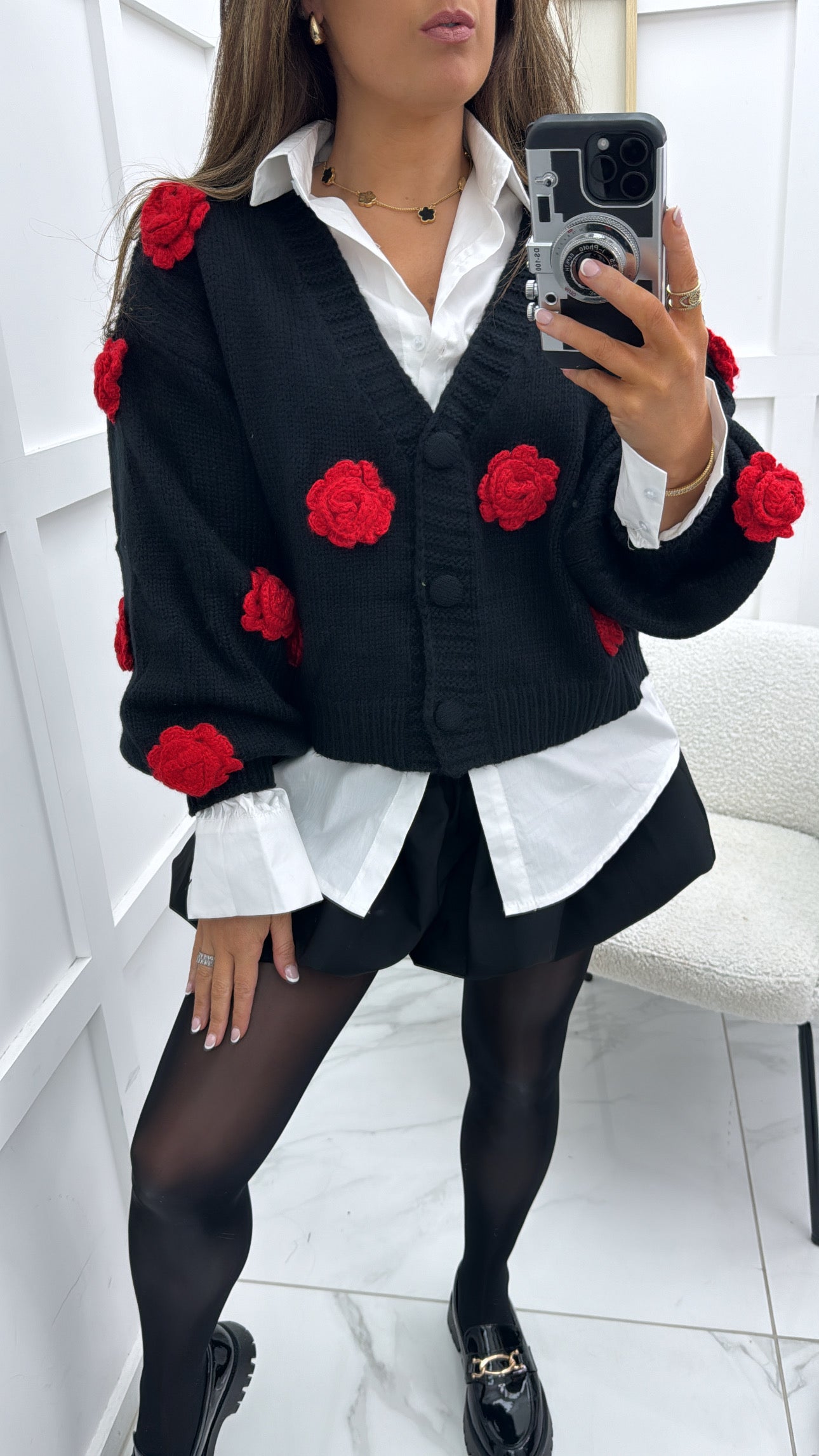 PETRA black premium cardigan with red flower detail