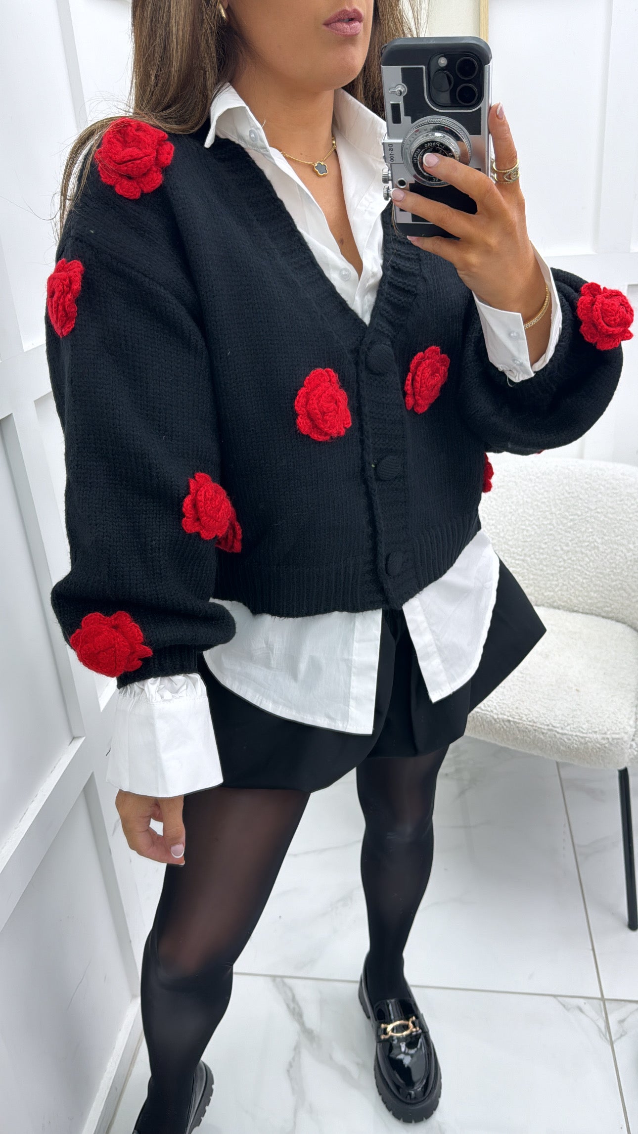 PETRA black premium cardigan with red flower detail