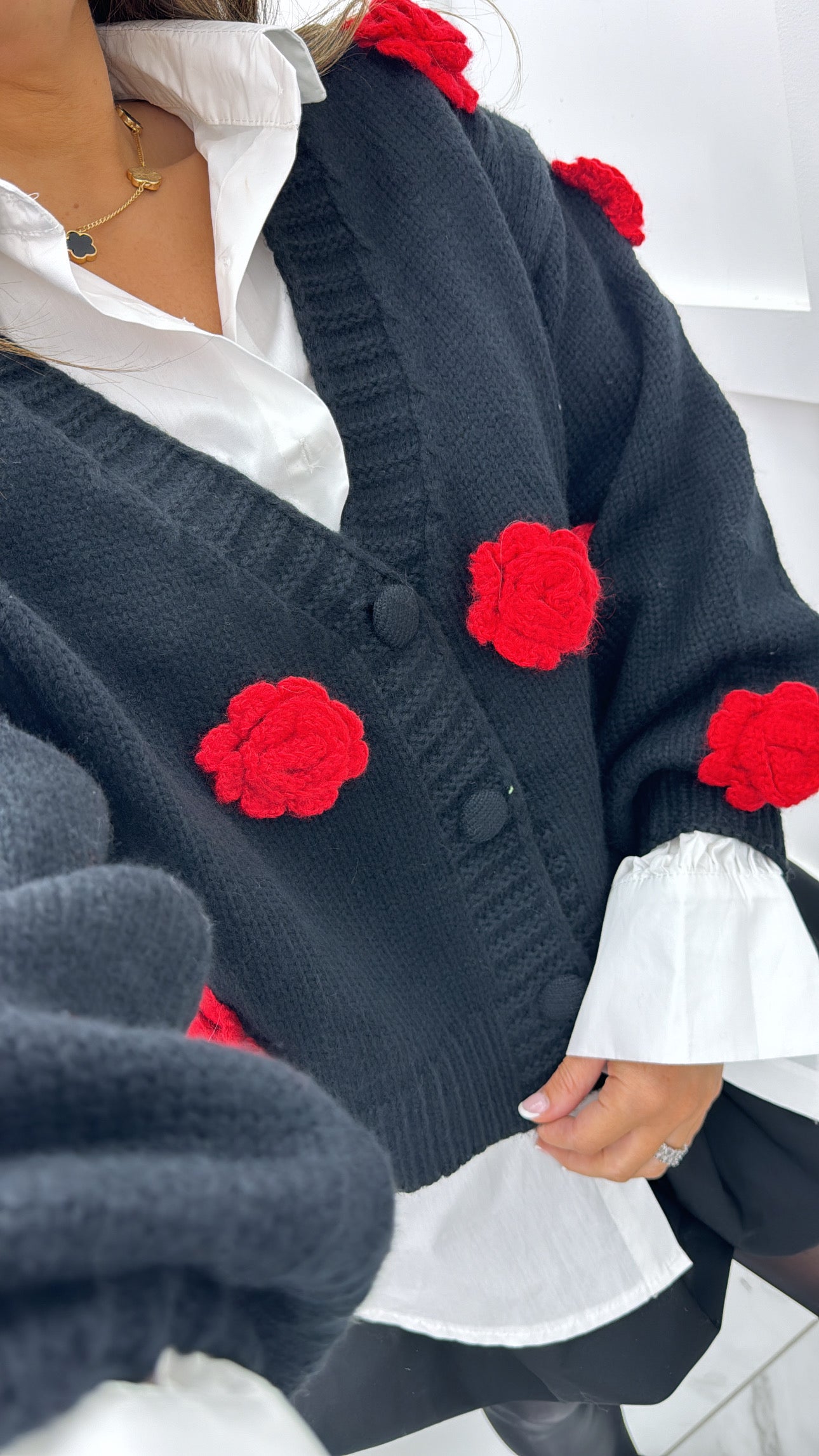 PETRA black premium cardigan with red flower detail