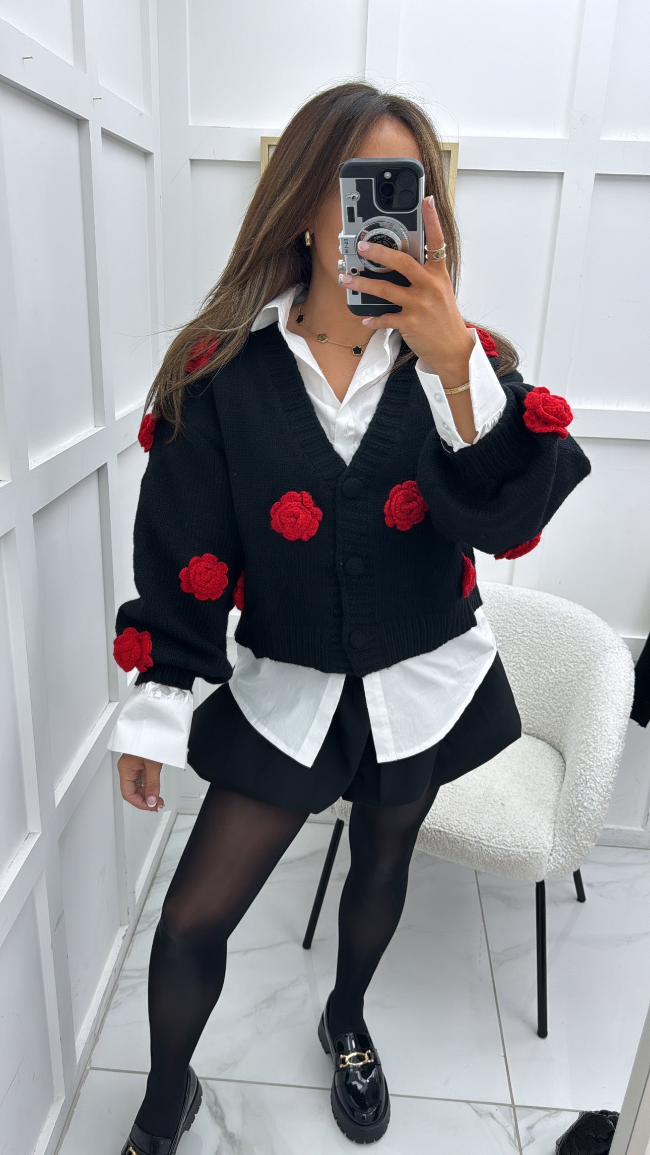 PETRA black premium cardigan with red flower detail