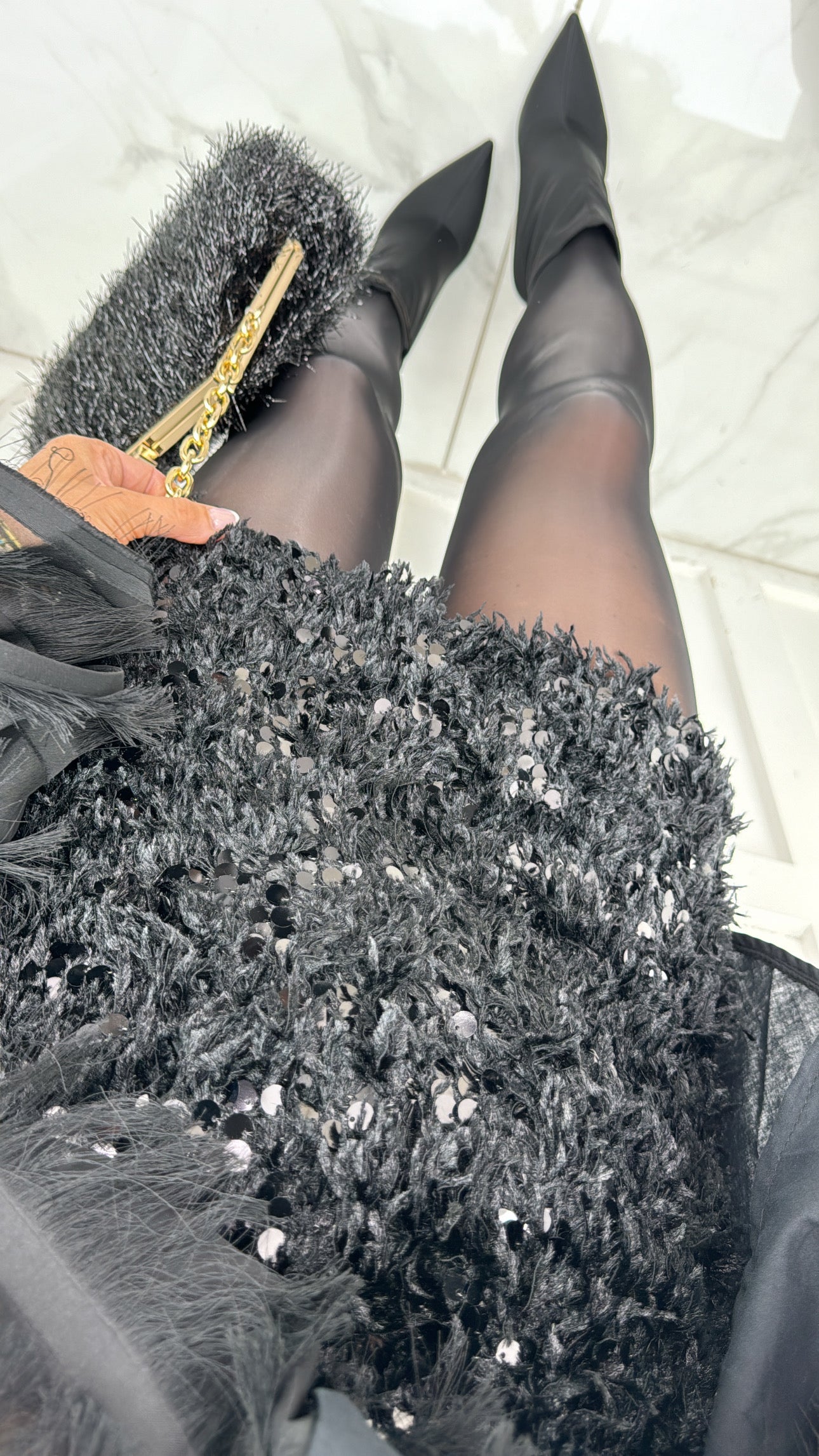 ISLA black feather and sequin detail skirt