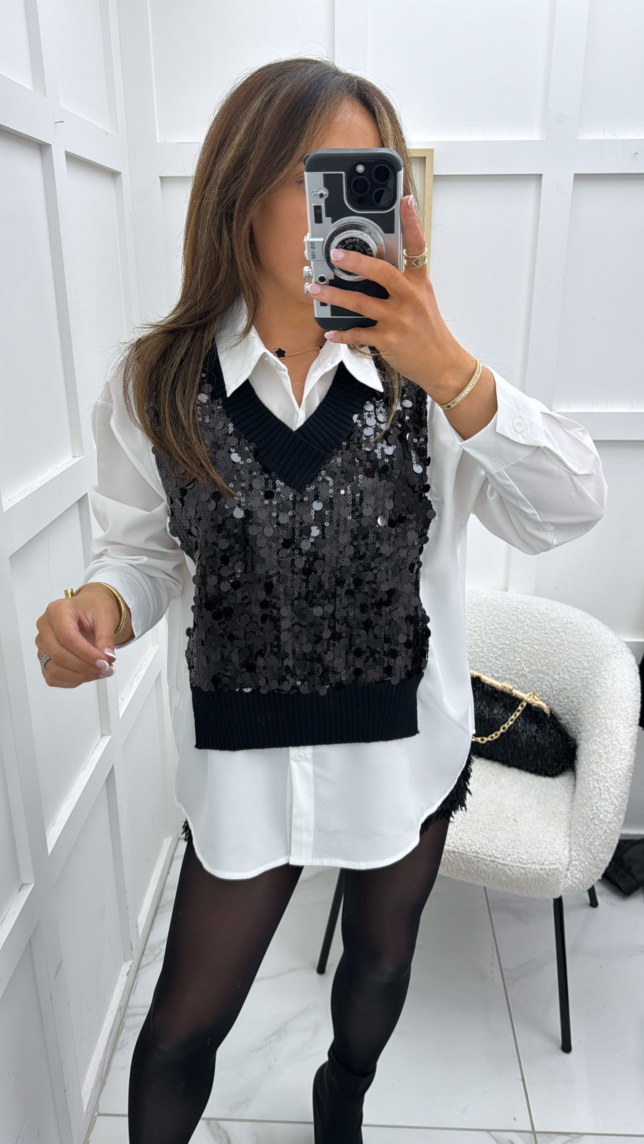 AMAYA white shirt with black sequin tank overlay