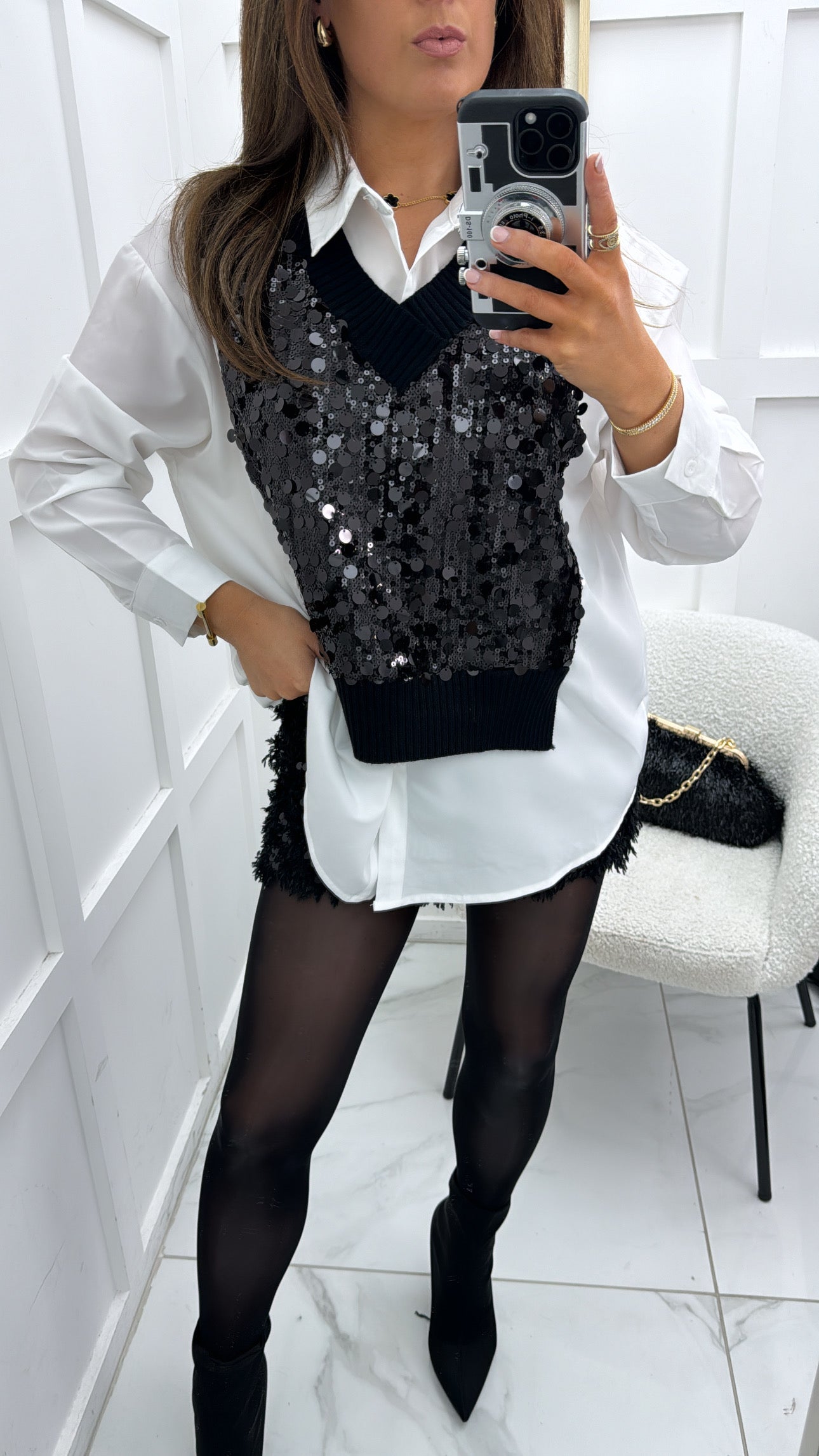 AMAYA white shirt with black sequin tank overlay