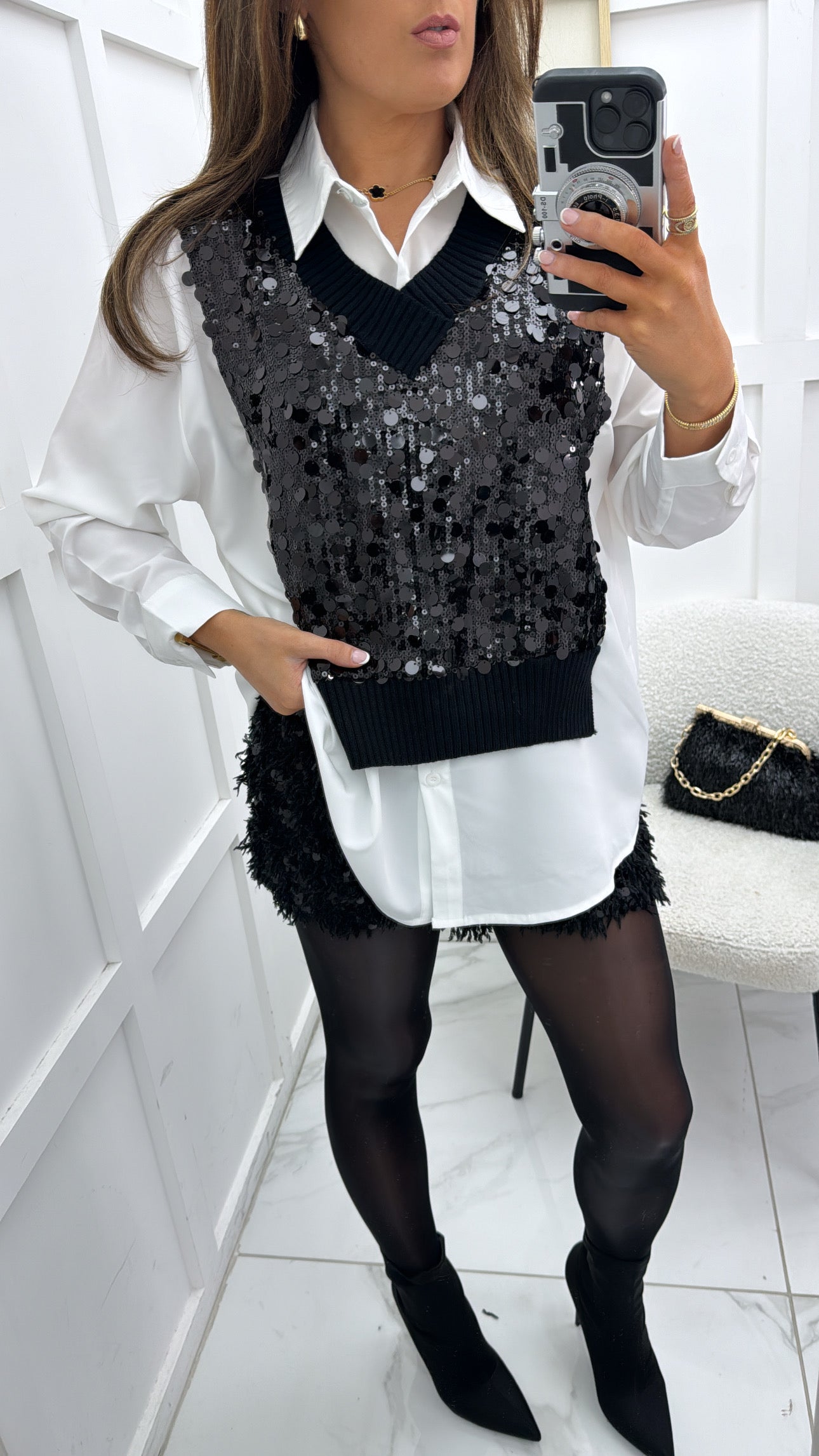 AMAYA white shirt with black sequin tank overlay