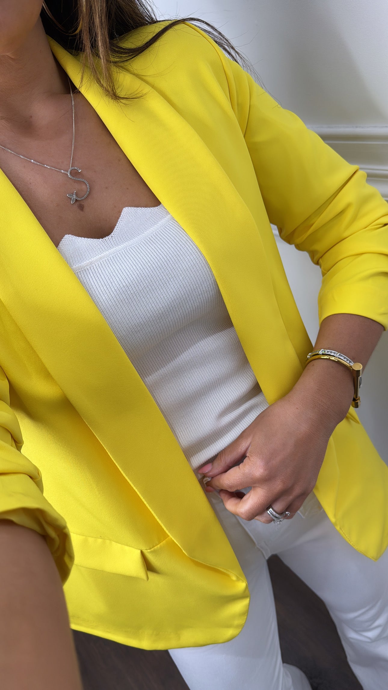 LOUISA bright yellow ruched sleeve blazer