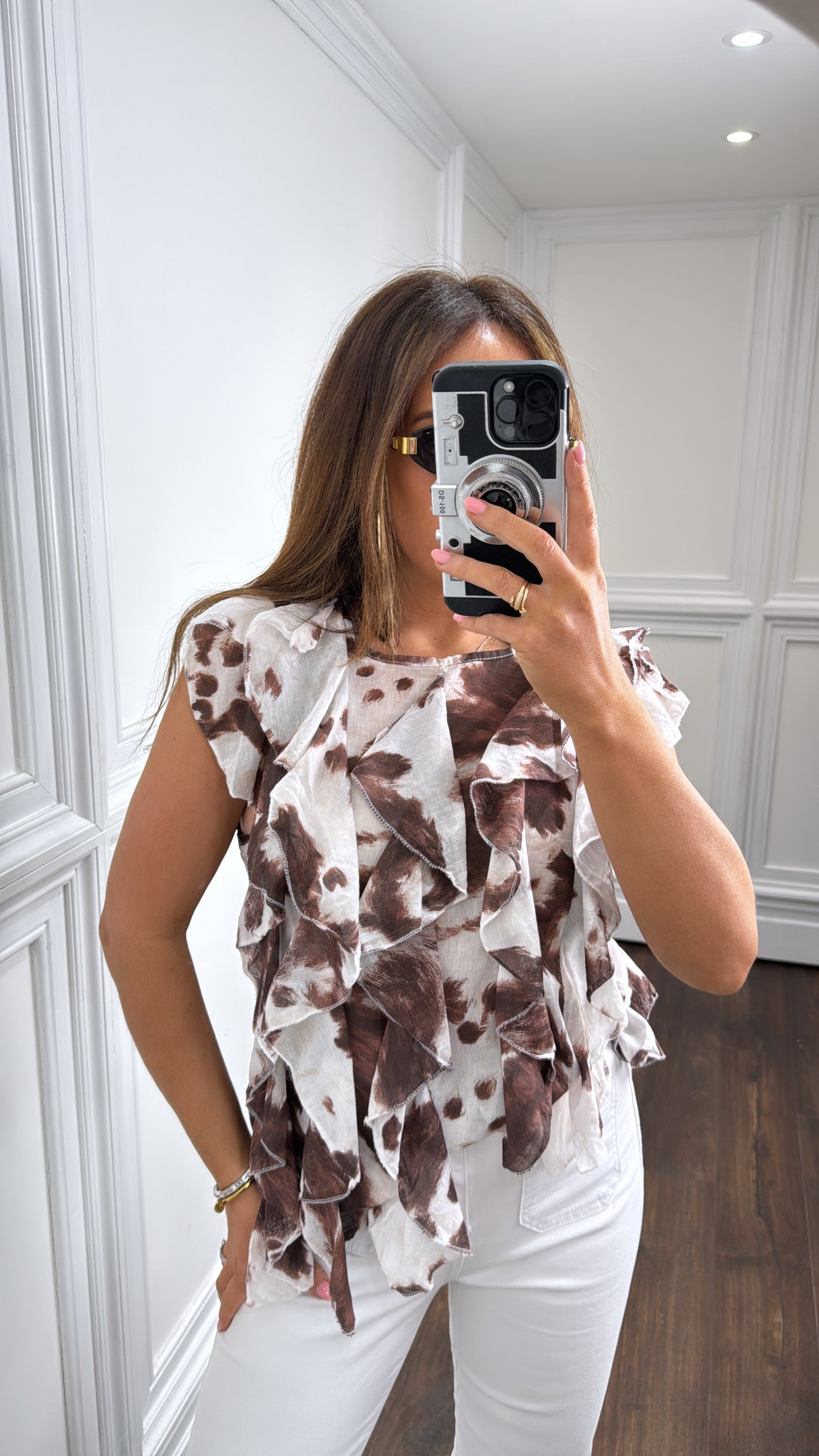 MINNIE cow print ruffle blouse