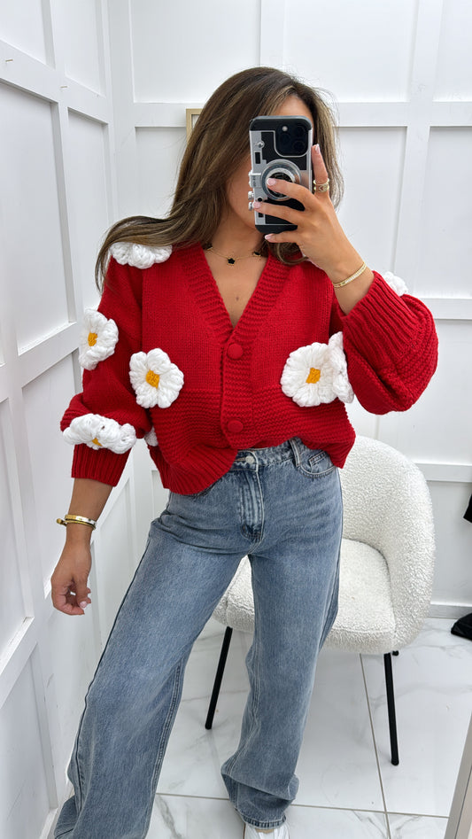 BLAKE red premium chunky knit flower cardigan