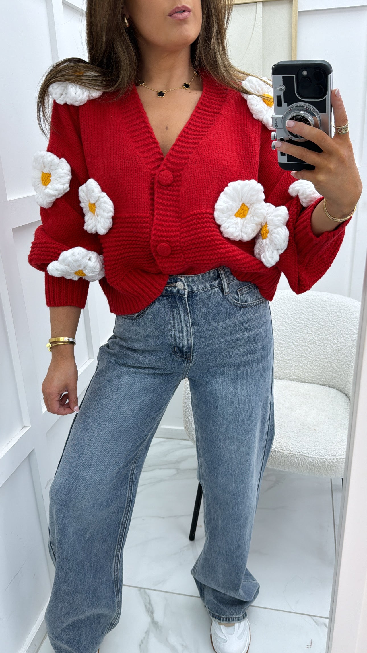 BLAKE red premium chunky knit flower cardigan