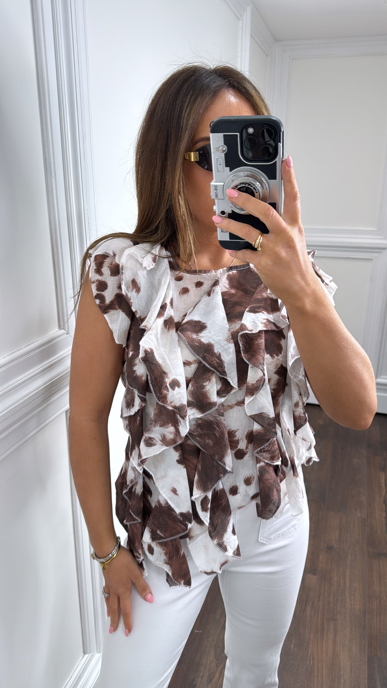 MINNIE cow print ruffle blouse