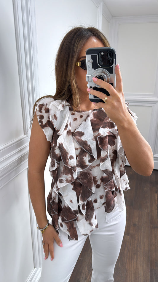 MINNIE cow print ruffle blouse