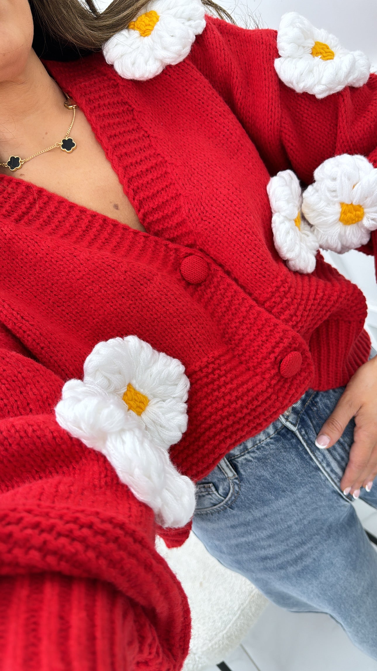 BLAKE red premium chunky knit flower cardigan