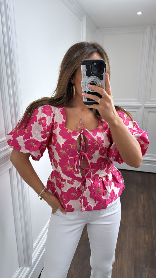 SERENA pink floral jacquard tie front top