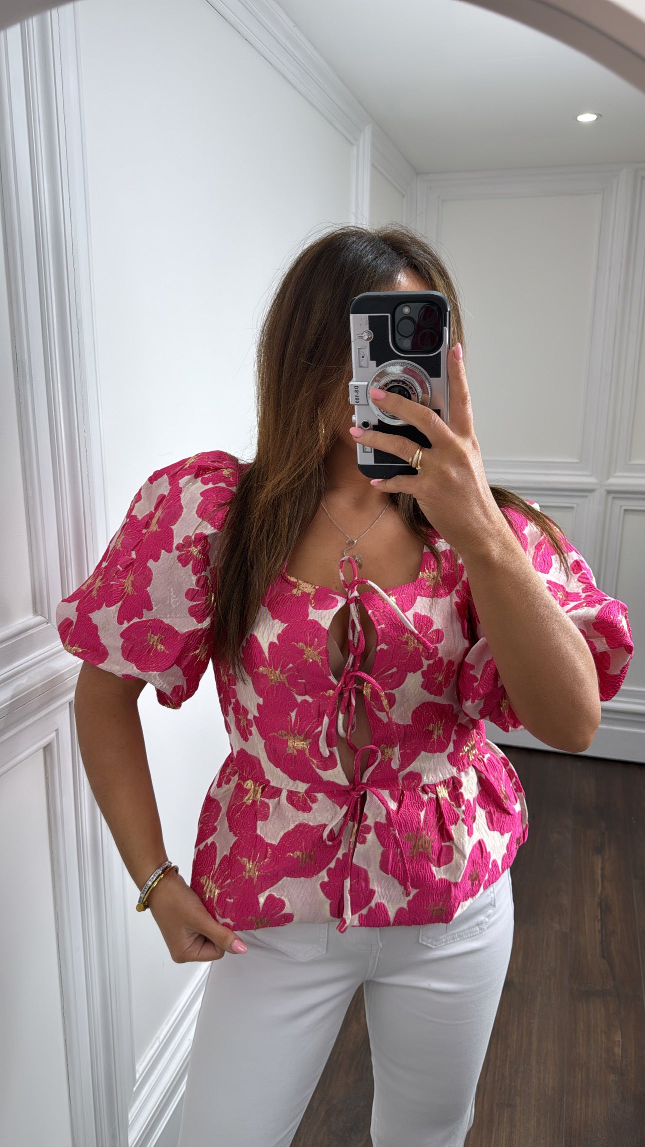 SERENA pink floral jacquard tie front top