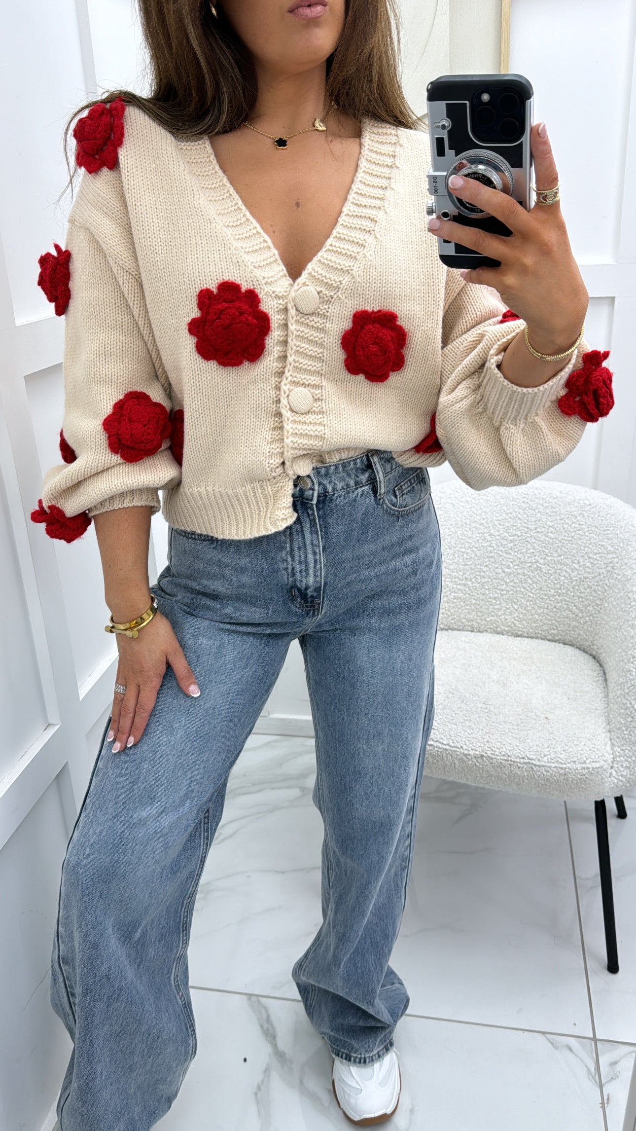 PETRA beige premium cardigan with red flower detail