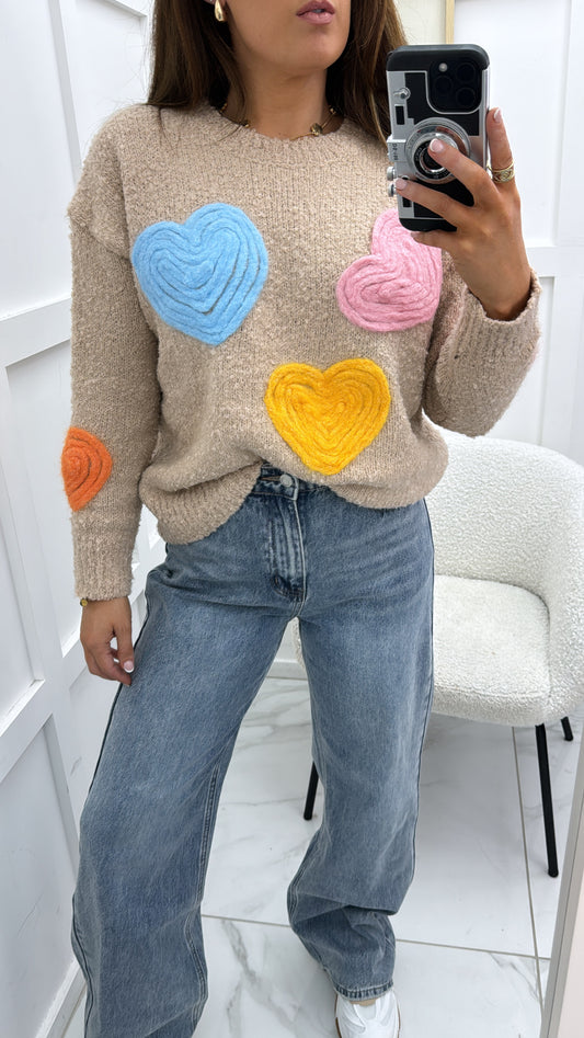 HATTIE beige heart motif super soft jumper