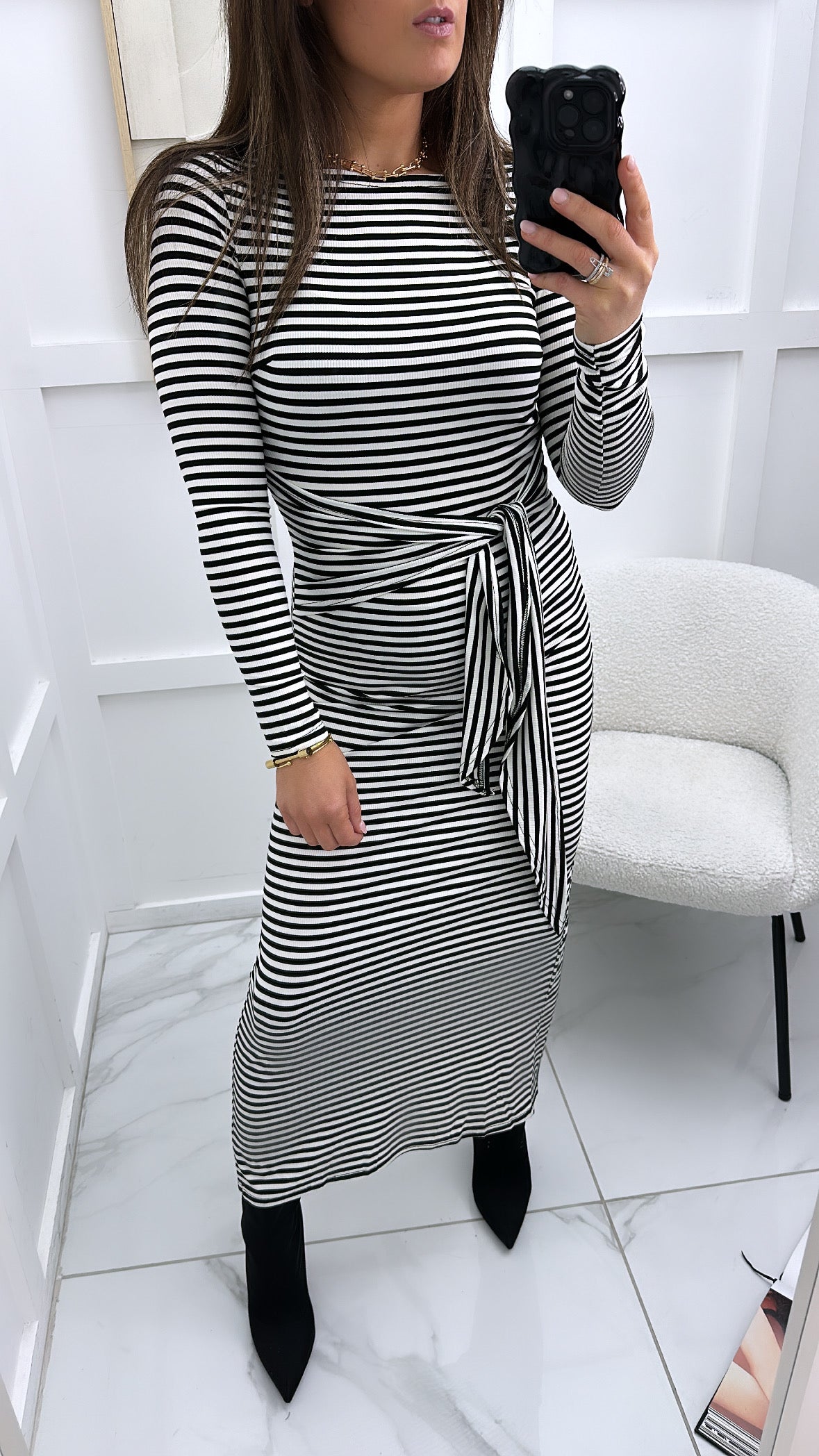 MYA black and cream stripe maxi dress with tie waist