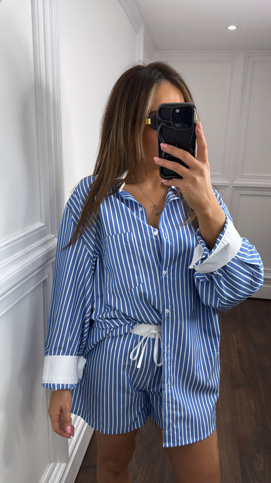ROXI blue and white stripe shirt and boxer short co-ord