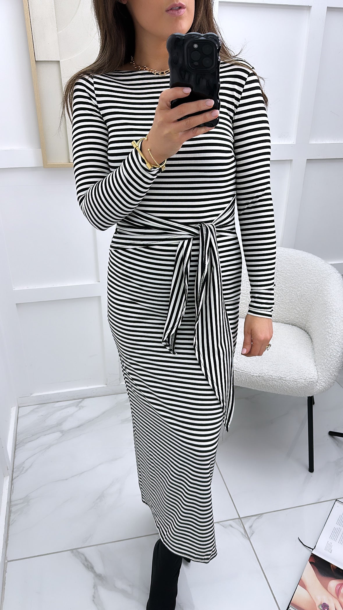 MYA black and cream stripe maxi dress with tie waist