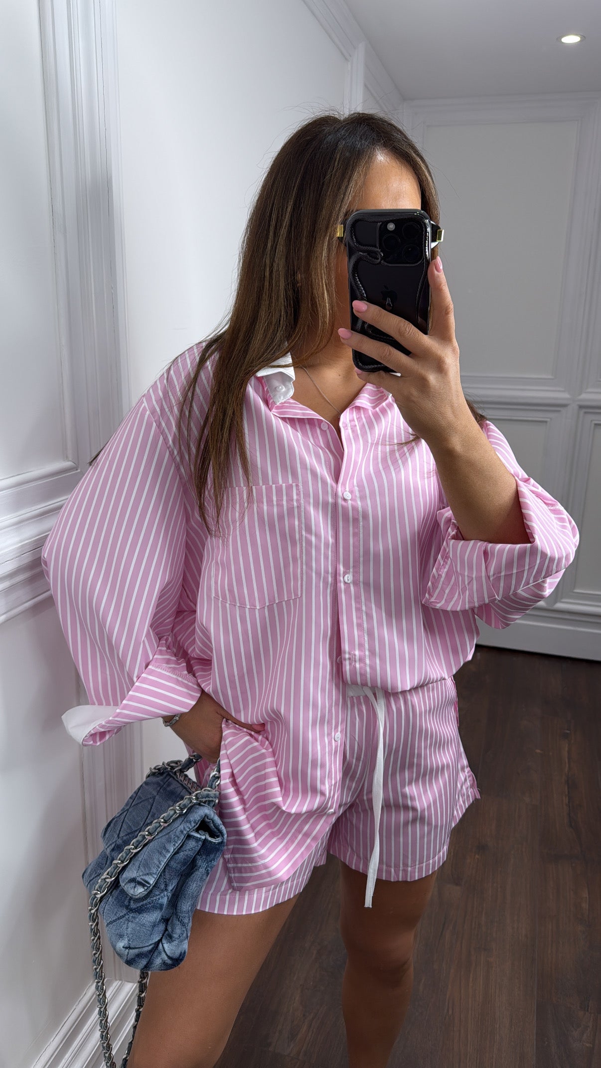 ROXI pink and white stripe shirt and boxer short co-ord