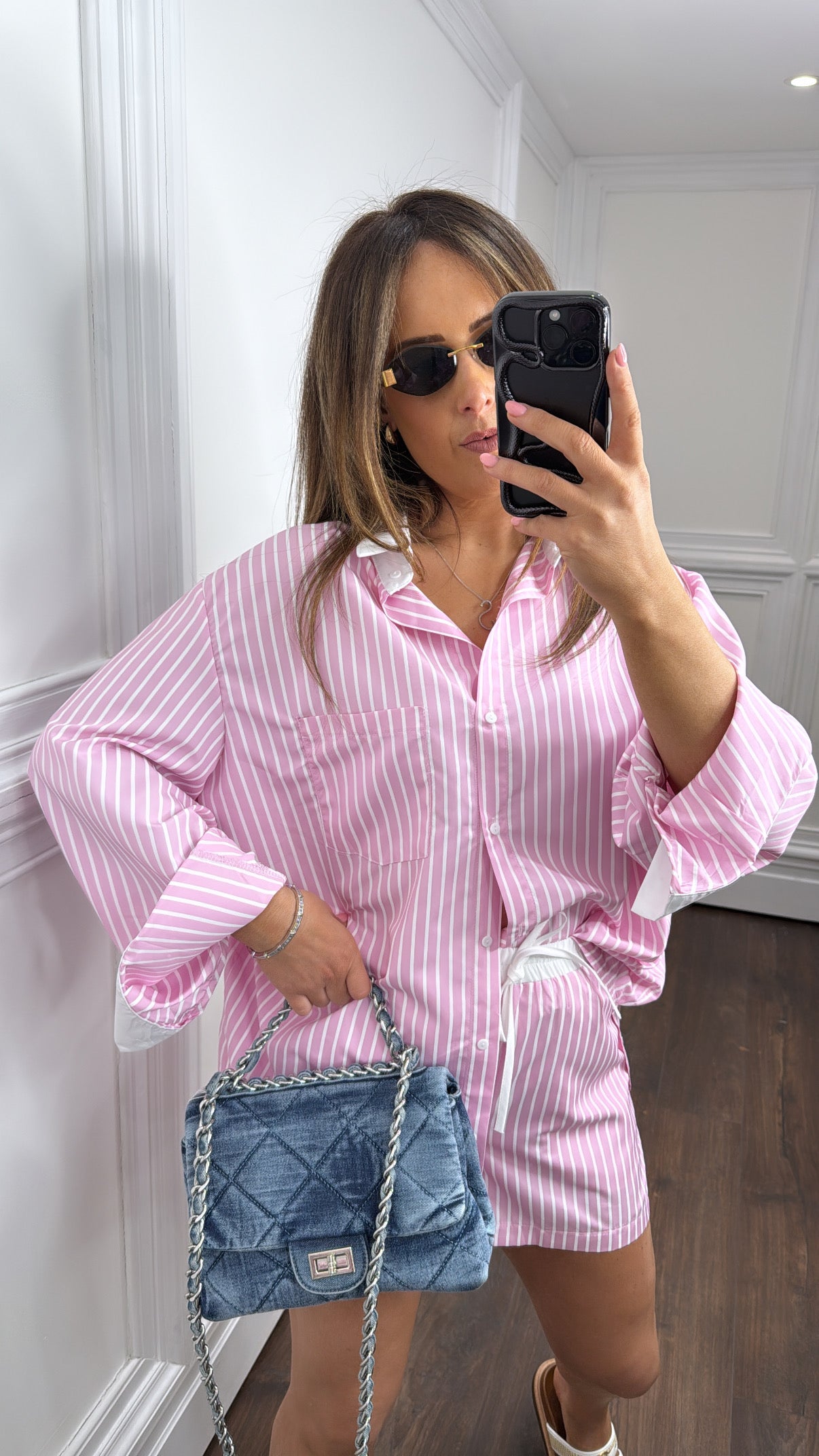 ROXI pink and white stripe shirt and boxer short co-ord