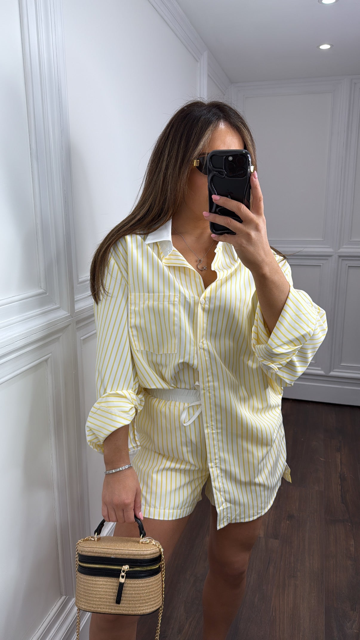 ROXI yellow and white stripe shirt and boxer short co-ord