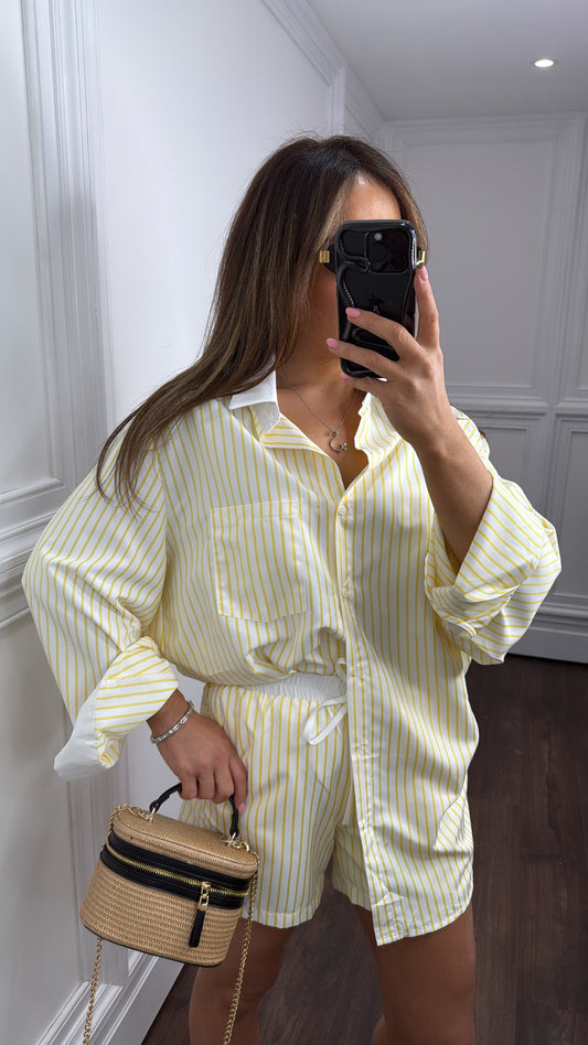 ROXI yellow and white stripe shirt and boxer short co-ord