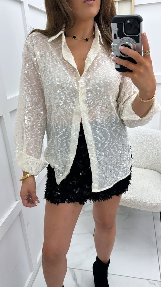 LIA cream semi sheer sequin blouse