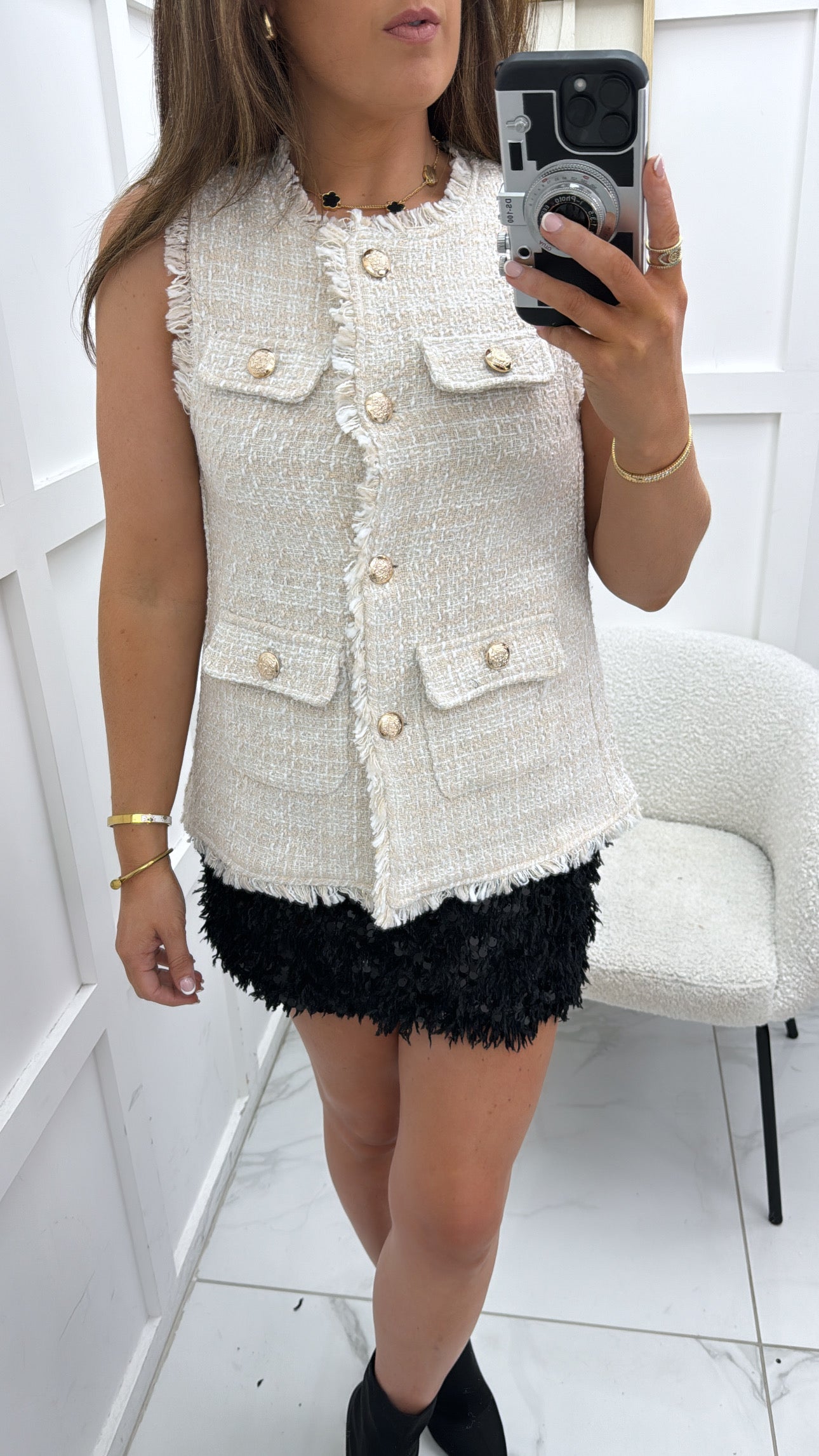 HANNAH cream and white tweed look sleeveless jacket