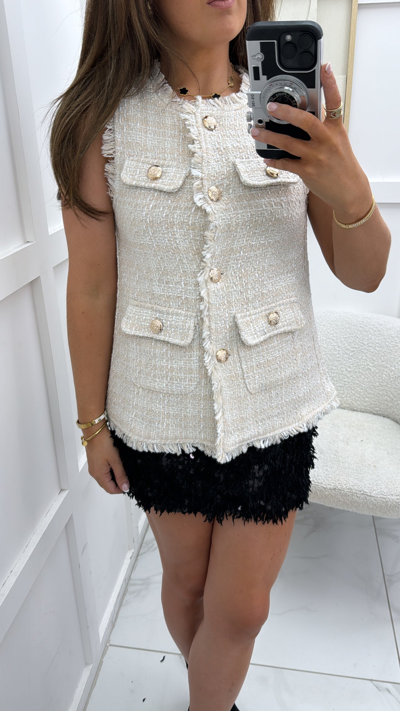 HANNAH cream and white tweed look sleeveless jacket