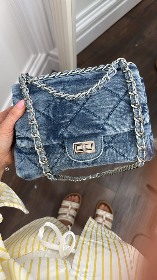 CHARLIE blue washed denim shoulder bag with cross body strap