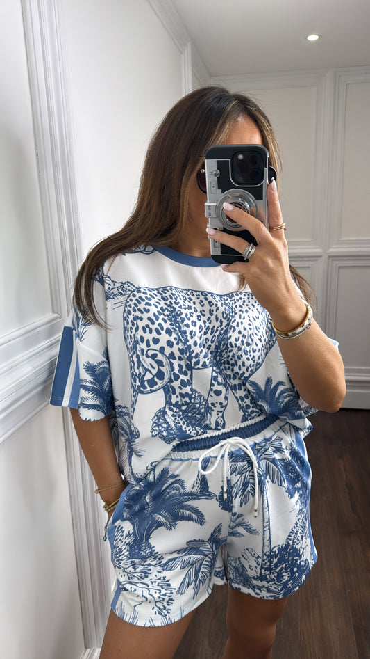 SAMIRA powder blue jungle print top and shorts co-ord