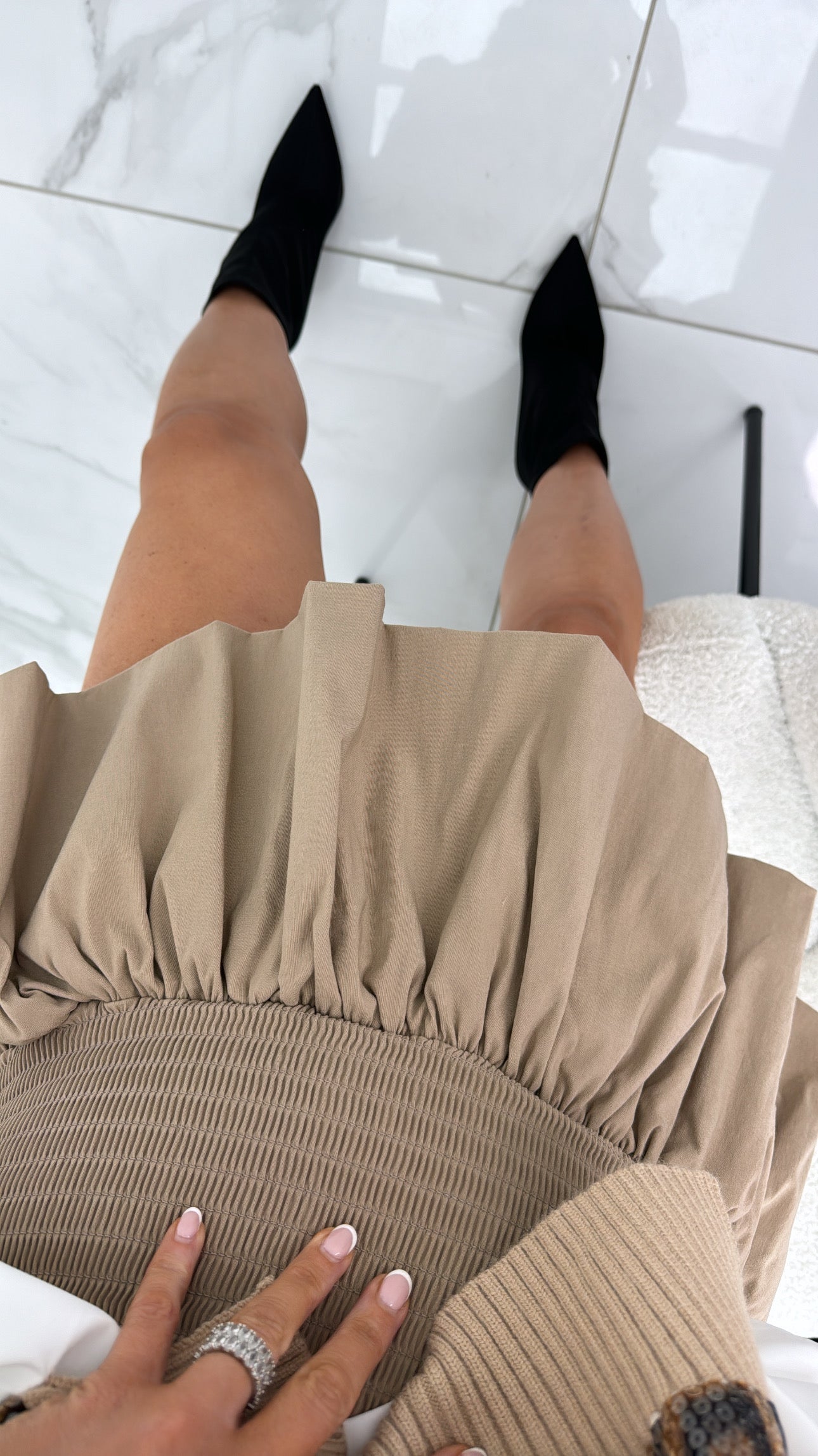 FREYA camel puffball mini skirt with shirred waist