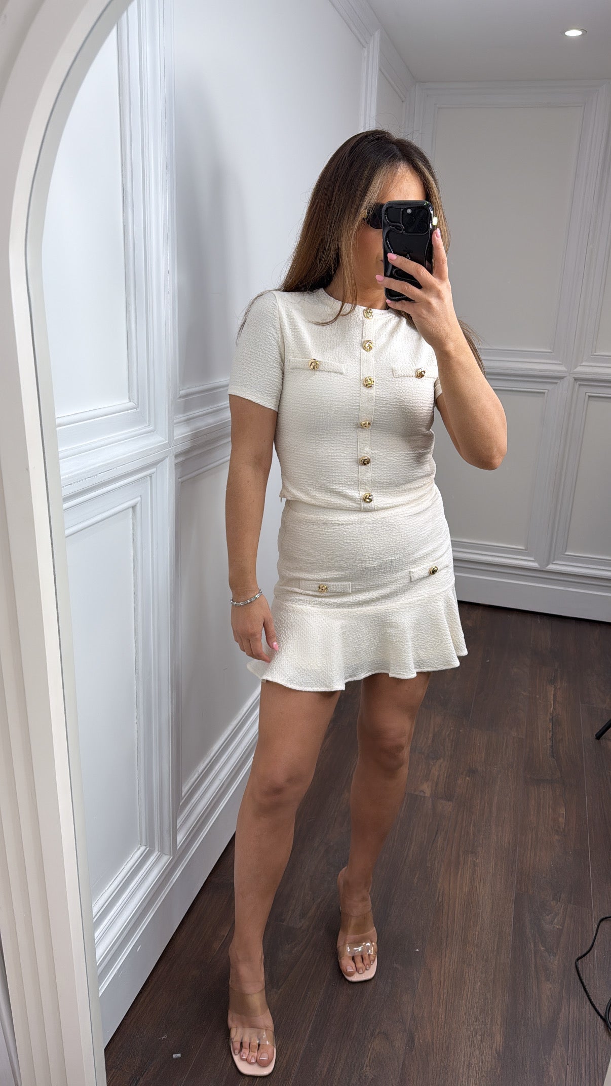 SHERRIE cream gold button top and skirt co-ord